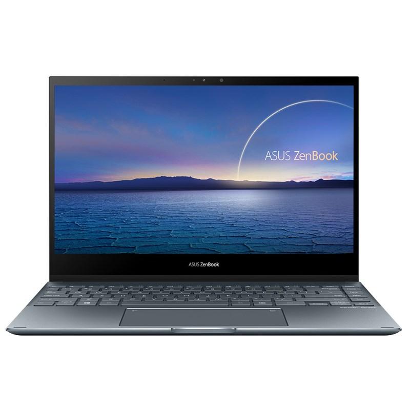 Asus Zenbook Flip 14 laptop with 13.3-inch OLED touchscreen, Intel i7 processor, and sleek design, showcasing its versatility and performance.